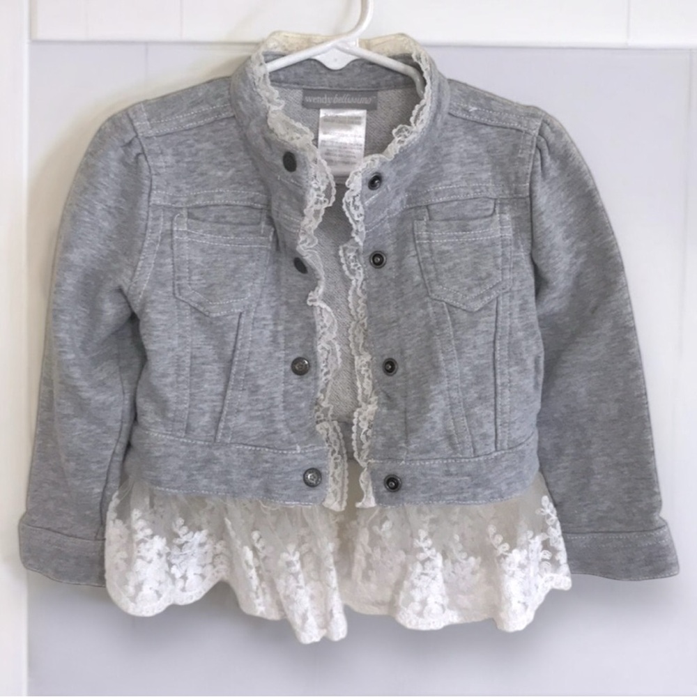 👚2/$10👗3/$12 Wendy Bellissimo Gray Cotton Lace Trim Jacket Baby Girl 18 Months